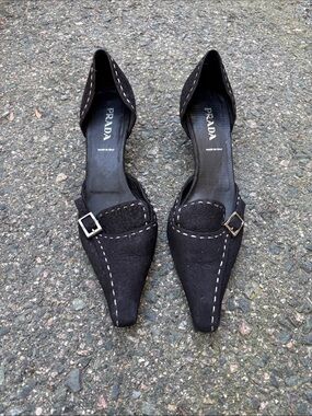 Prada Black Suede Pointed D'Orsay Flats with Buckle Stitch Detail